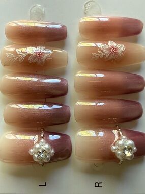 Pressed Pink Ombre Floral Pearl False Nail Set